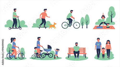 Family Park Activities Illustration Set Outdoor Recreation, Urban Green Space, and Active Lifestyle Flat Vector Scenes.