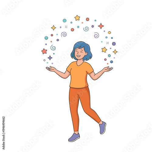 A woman happily juggles colorful stars and shapes in a whimsical scene.
