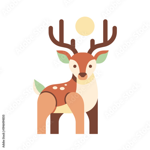 Whimsical Deer with Antlers and Moon, Flat Design Illustration