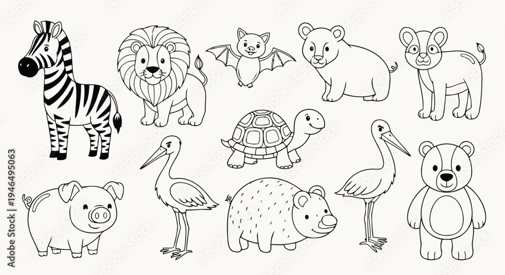 Naklejka premium Animal line art coloring page illustrations for kids activities