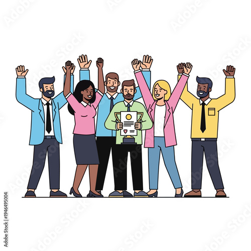 Diverse Team Celebrating Success with Trophy and Certificate