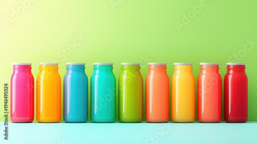 Variation A row of fresh fruit juices in varying colors and flavors, lined up for selection.
