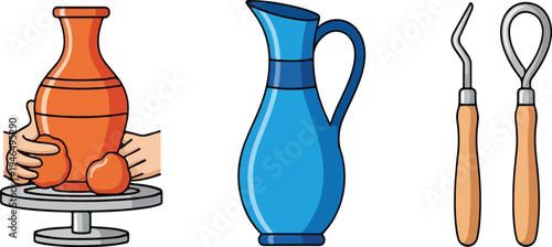 Pottery Making Tools and Handmade Ceramic Vases on Pottery Wheel for Craft Concepts