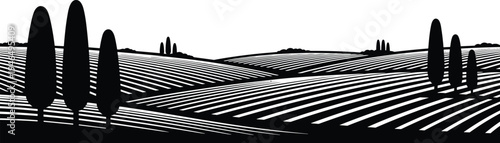 Tuscany landscape with rolling hills and cypress trees, vineyard farmland black silhouette scenery isolated on white, cad drawing flat vector illustration
