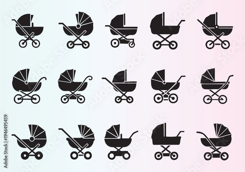 Collection of various baby stroller and carriage icons in flat style