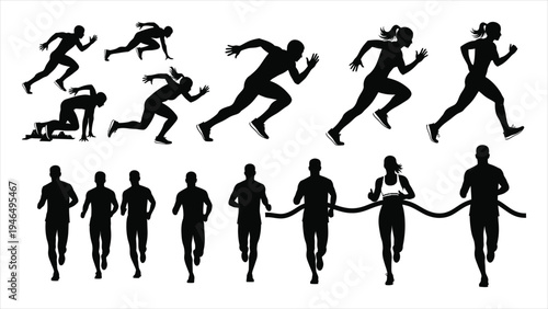 Running and Sprinting Silhouette Set Diverse Male and Female Athletes in Motion for Marathon and Fitness Branding