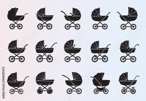 Collection of various baby strollers and carriages vector icons