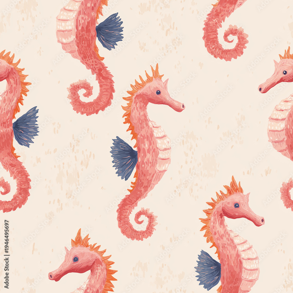 Fototapeta premium Seamless seahorse pattern with pink coral sea horses on a soft beige background, cute underwater repeating design in a playful hand drawn coastal illustration style