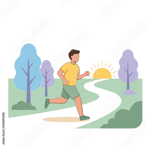 Man jogging on a winding path through a park at sunrise