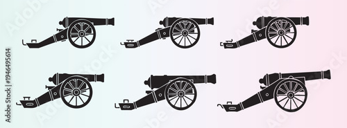 Collection of vintage cannons in different angles and styles isolated