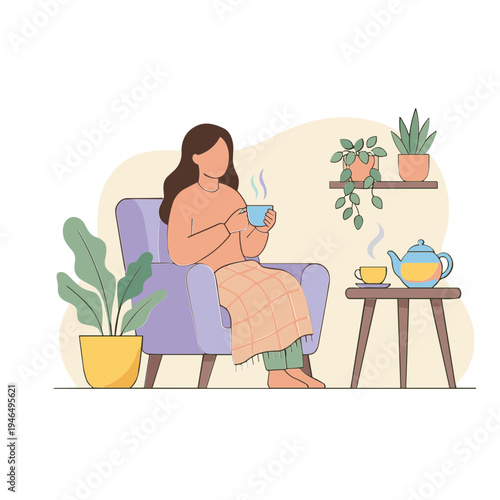 Woman sits in chair holding cup surrounded by plants and tea set indoors.