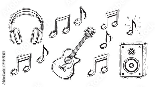 Music instruments and notes in minimalist line art for music industry branding