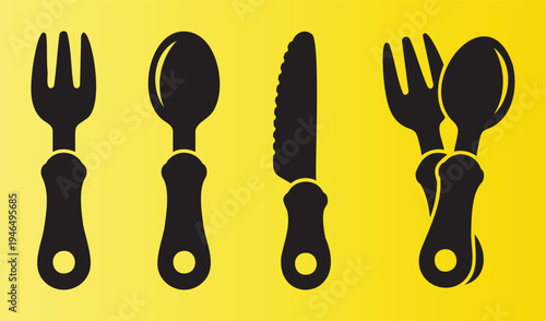 Colorful plastic cutlery set with fork spoon and knife illustration
