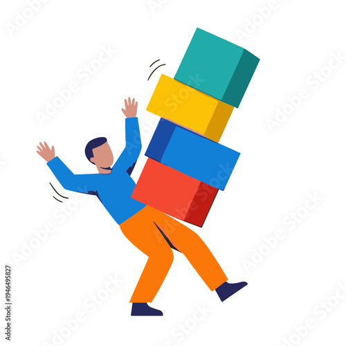 Man struggles to balance colorful blocks on his side in office