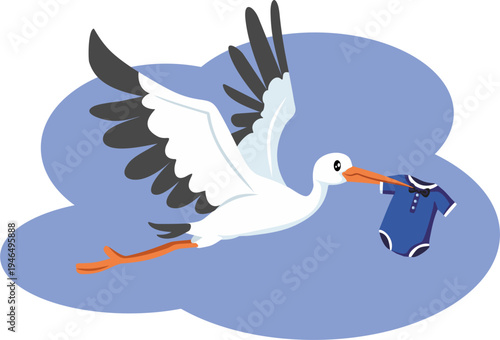 Stork Delivers a Baby Boy Baby Announcement Vector. A gender reveal card featuring a funny stork holding a pink formal wear