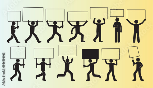 Diverse collection of protest icons with blank signs and banners isolated