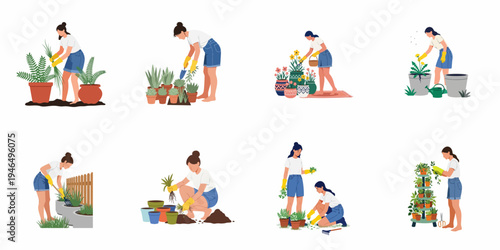 Collection of flat vector illustrations showing young women gardening, planting, weeding, and caring for various indoor and outdoor plants.