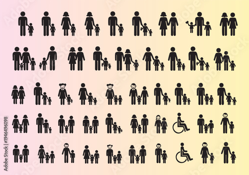 Diverse family and people icons collection in flat design style