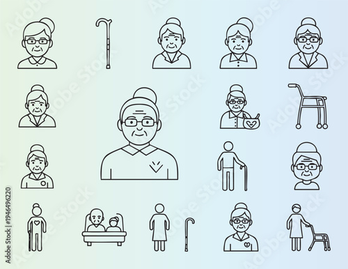 Elderly care and assistance icons set isolated on transparent background
