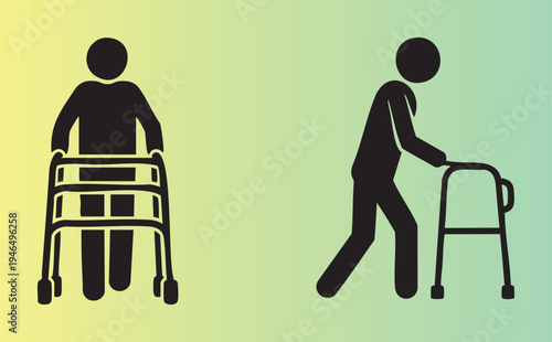 Elderly mobility icons showing walker usage in two different styles