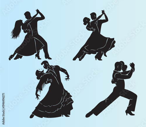 Elegant ballroom dance couples in dynamic poses isolated illustration