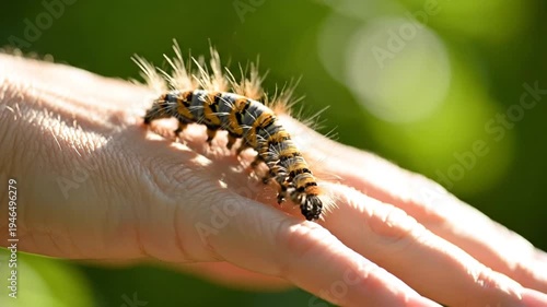 Fuzzy Caterpillar Crawling on Human Hand with Green Blurred Background