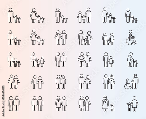 Family and couple icons set in simple line art style