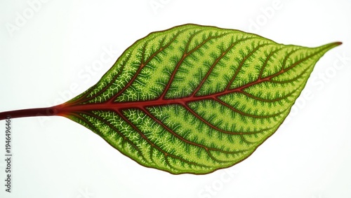 A close-up view of a vibrant, translucent leaf, showcasing intricate red veins and a delicate, patterned green surface against a bright white background