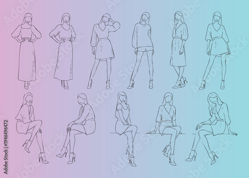 Fashionable line art illustrations of women in various outfits and poses