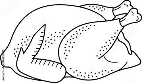 Whole roasted chicken turkey outline icon isolated on white background, meat food vector illustration, poultry dinner bird drawing for restaurant menu.