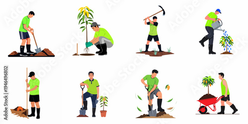 Set of flat vector illustrations featuring a male gardener planting trees, digging soil, watering plants, and using tools like shovels and wheelbarrows.