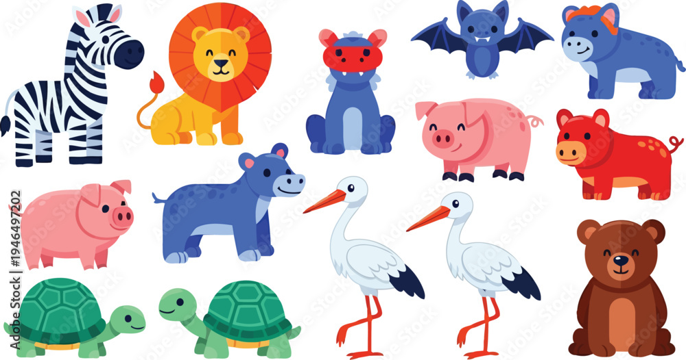 Fototapeta premium Flat vector wild animal cartoon collection isolated on white