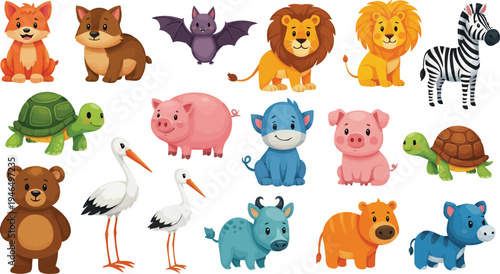 3D cartoon zoo animal characters vector graphic illustration set