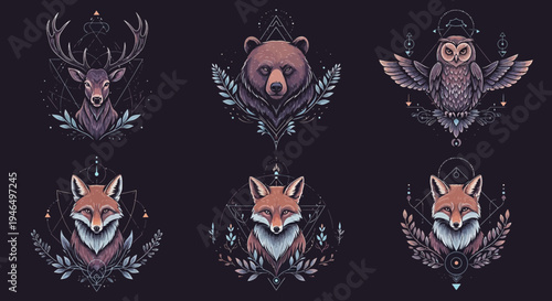 Cute woodland animal badge set with bear fox and raccoon vector