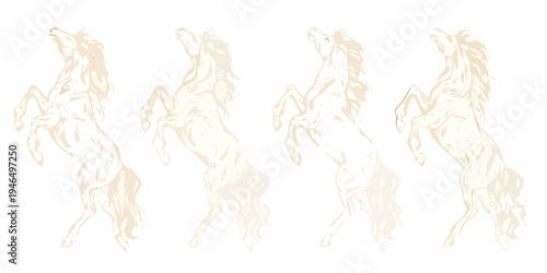 Four rearing horses depicted in a stylized sketch like illustration