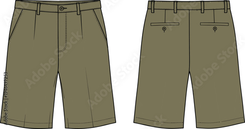 Men’s chino shorts vector flat sketch, classic knee-length tailored design, fashion CAD drawing, template for apparel designers.