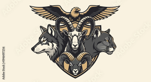 Heraldic animal crest emblem with eagle wolf and goat fantasy vector