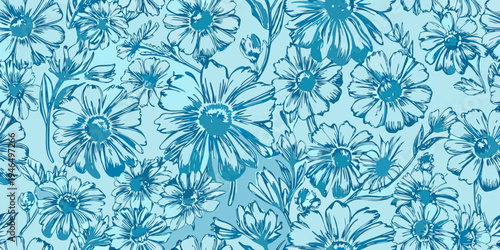 Seamless floral pattern with delicate blue wildflowers and botanical sketches