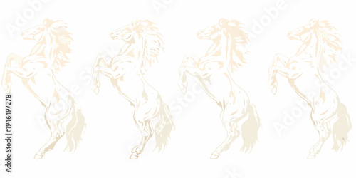 Four rearing horses illustrated in a pale sketch like style