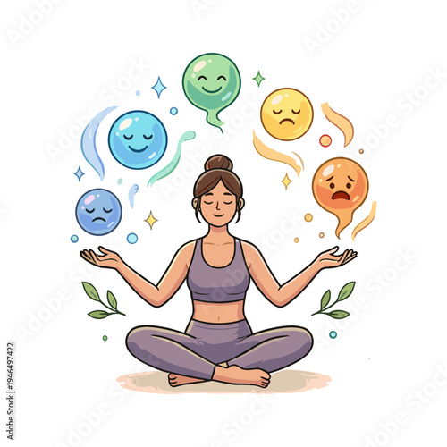 Woman meditates peacefully surrounded by various colorful emoticon faces floating above her head.