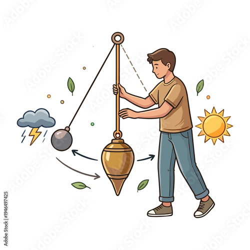 A man swings a pendulum device outdoors under sunny and stormy weather conditions.