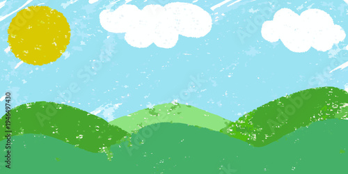 A childlike drawing of a bright sun fluffy clouds and green hills