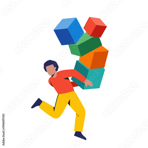 A man struggles to carry several colorful blocks stacked precariously.