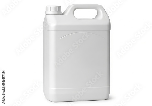 A large, white, plastic jerry can with a handle and a spout, standing upright. isolated on white background