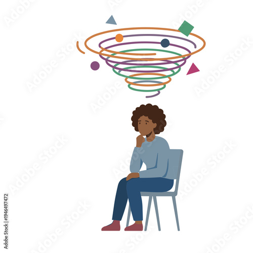 A person sits on a chair with a thoughtful expression as colorful shapes swirl above their head.