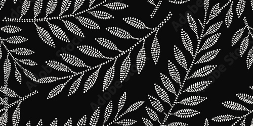 Stylized botanical illustration featuring delicate white leaves on black
