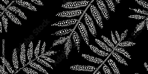 Stylized fern leaves create a repeating black and white pattern