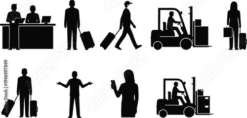 Business people, travelers and warehouse forklift operator silhouettes set, logistics work, office staff and passenger with luggage, professional activity vector illustration