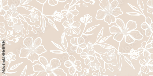 Delicate floral pattern with white line drawings on a beige background