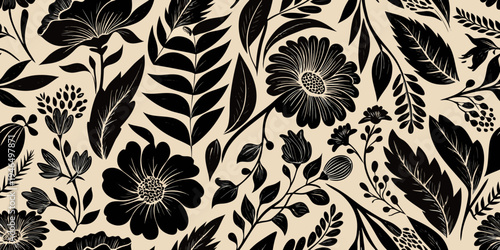 Elegant floral pattern with various black botanical illustrations on beige